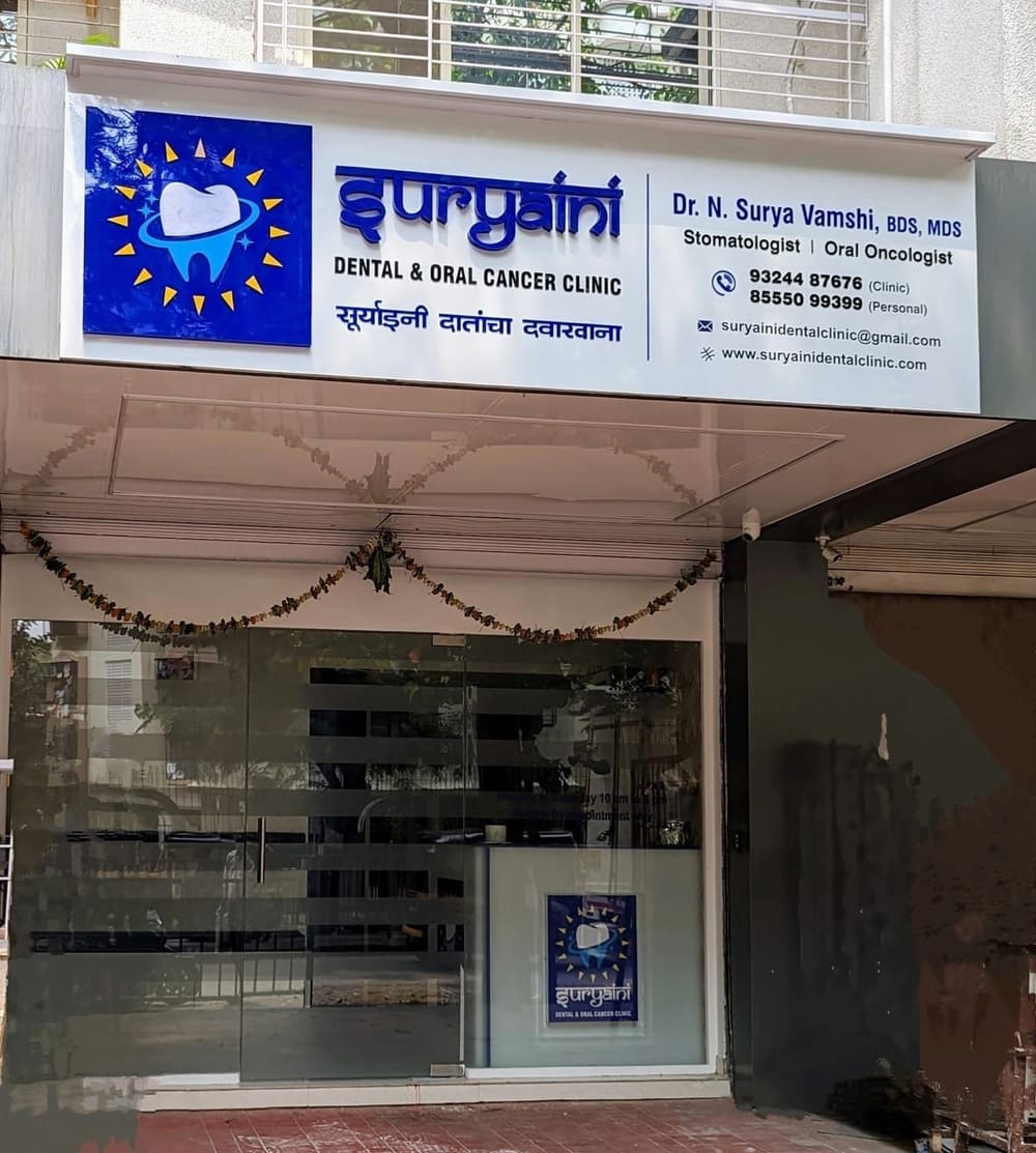 The Suryaini Dental & Oral Cancer Clinic signboard and glass frontage